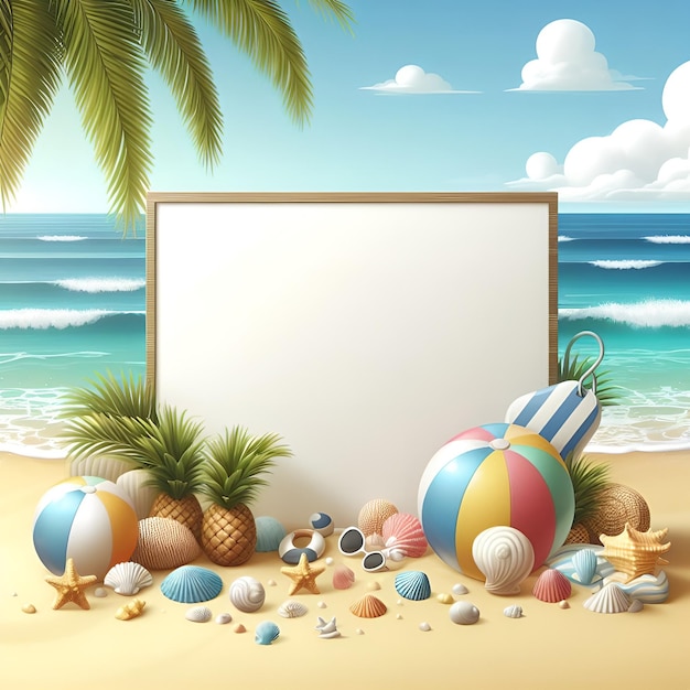 een foto van een strandbeeld met een leeg frame en palmbomen en stranddecoraties