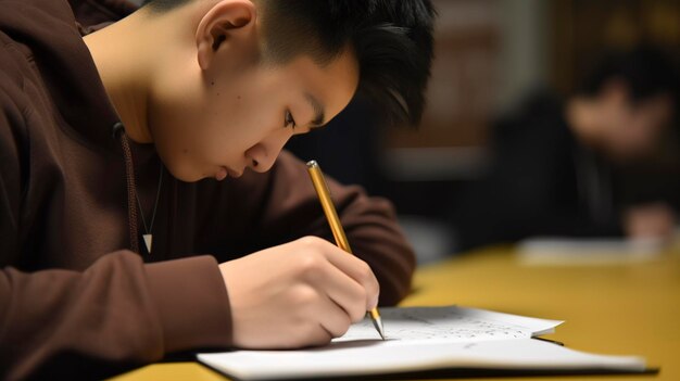 Een foto van een student die met een pen op een notitieboekje schrijft