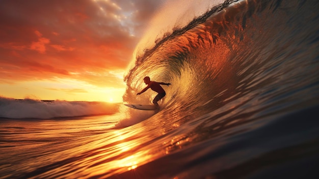 Een foto van een surfer die bij zonsondergang een golf vangt