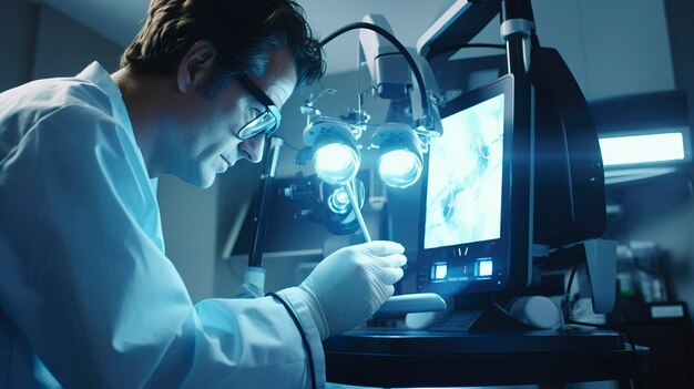 Een foto van een technicus die een laser aanpast voor cornea-correctie