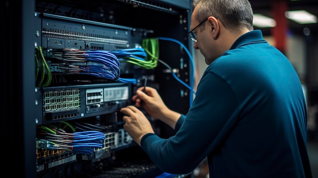 Een foto van een technicus die netwerkswitches configureert