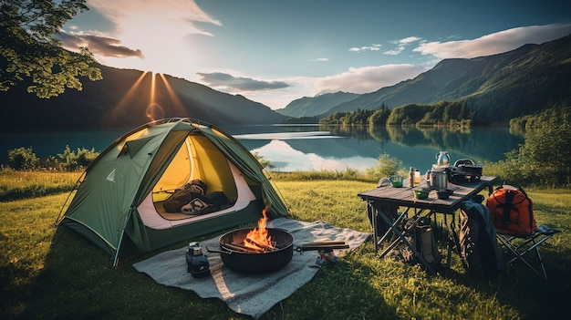 Een foto van een tent en kampeerbenodigdheden opgesteld in een prachtige natuurlijke omgeving