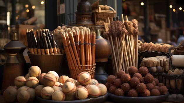 Een foto van een tentoonstelling van cricketballen en knuppels