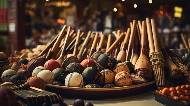 Een foto van een tentoonstelling van cricketballen en knuppels