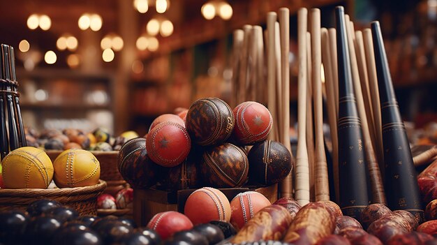 Een foto van een tentoonstelling van cricketballen en knuppels