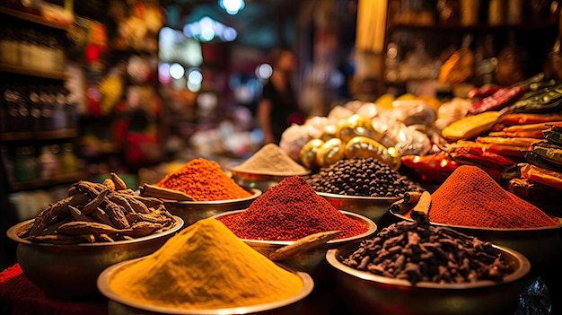 Een foto van een tentoonstelling van exotische specerijen op een bruisende markt