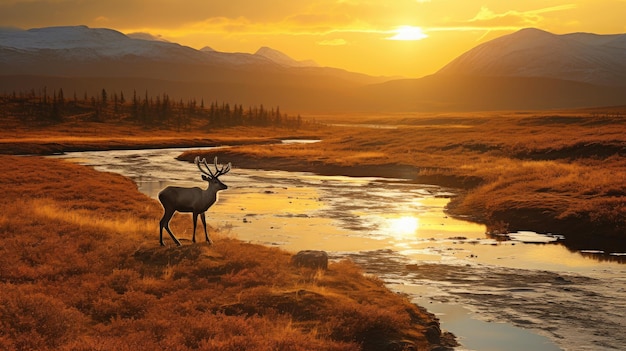 Een foto van een toendra habitat met caribou gouden uur gloed