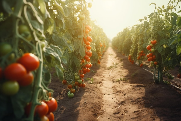 Een foto van een tomatenkwekerij met de zon aan de rechterkant.