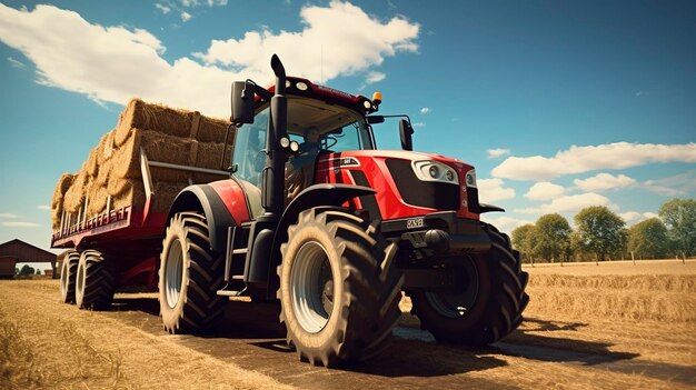 Een foto van een tractor met een frontloader die hooibalen vervoert