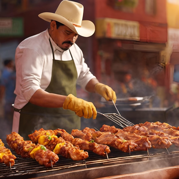 Een foto van een traditionele Mexicaanse straatvoedselverkoper die al pastorvlees op een verticale spit grilt