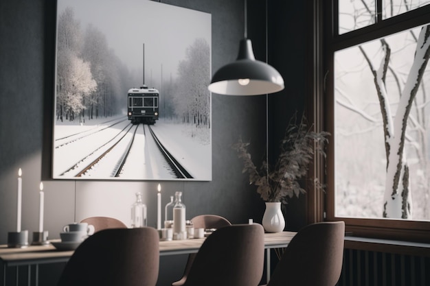 Een foto van een trein in een kamer met een besneeuwd tafereel.