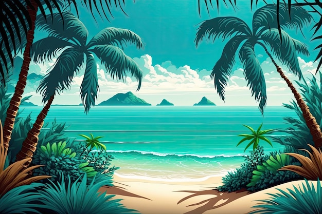 Een foto van een tropische omgeving met palmbomen en een heldere zee