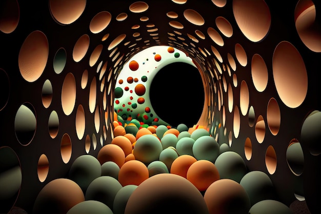 Een foto van een tunnel met veel oranje cirkels erop