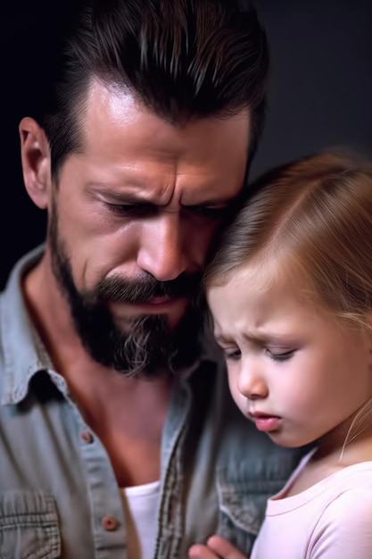 Een foto van een vader die zijn huilende dochter troost.