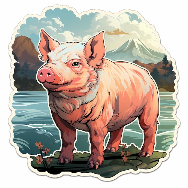 een foto van een varken met een berg op de achtergrond.