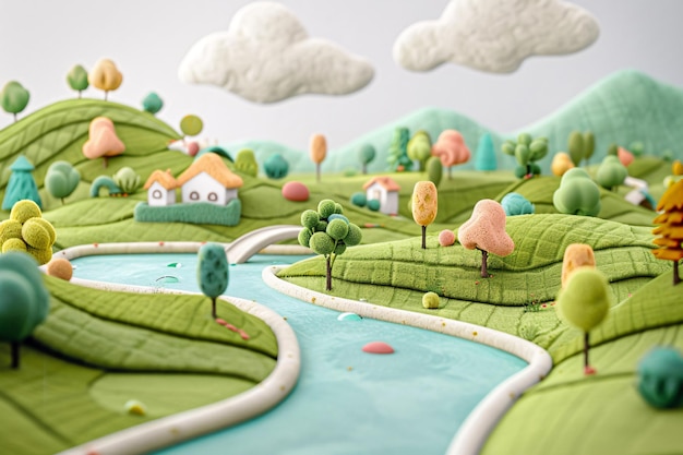 een foto van een veld met een huis en bomen