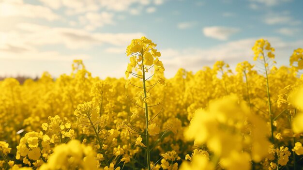 Een foto van een veld met gele canola bloemen