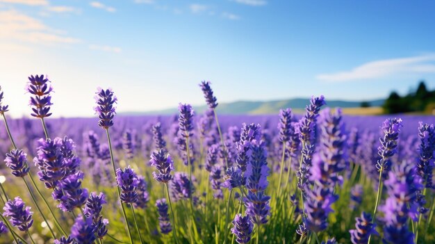 Foto een foto van een veld van lavendel met blauwe bloemen en een heldere blauwe hemel zacht ochtendlicht