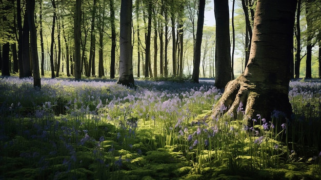 Een foto van een veld van wilde blauwbellen in een bos