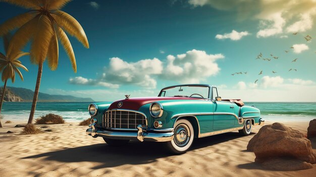 Een foto van een vintage cabriolet geparkeerd op een strand