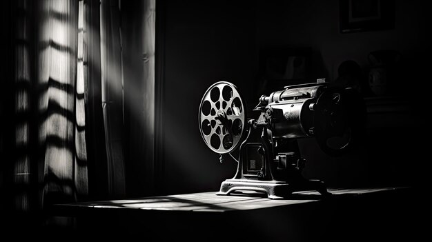 Een foto van een vintage filmprojector op een houten tafel met zacht vensterlicht