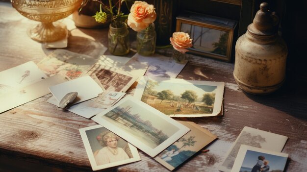 Een foto van een vintage postkaart op een verweerde houten tafel met zacht vensterlicht