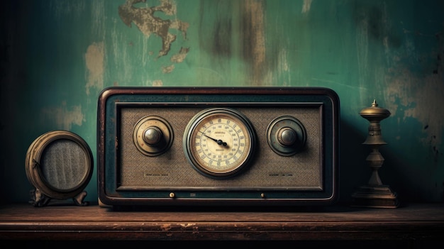 Een foto van een vintage radio op een verontrust houten kast zacht avondlicht