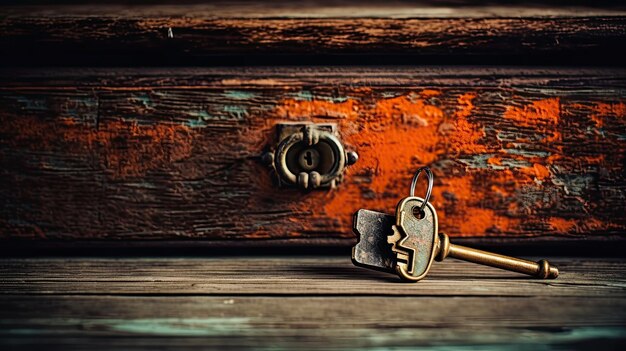 Een foto van een vintage sleutel op een verweerd houten dressoir met warm plafondlicht