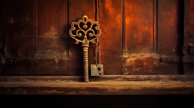 Een foto van een vintage sleutel op een verweerde houten plank met warm plafondlicht