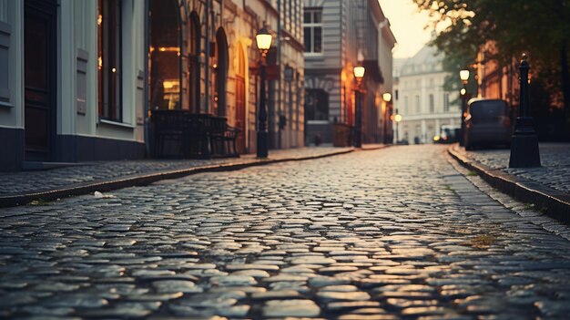 Foto een foto van een vintage straat met geplaveide historische gebouwen op de achtergrond