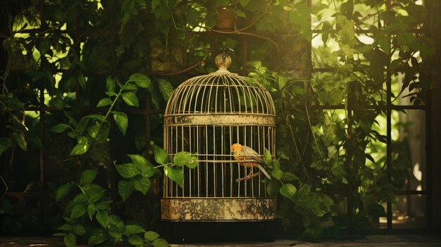 Een foto van een vintage vogelkooi met klimop.