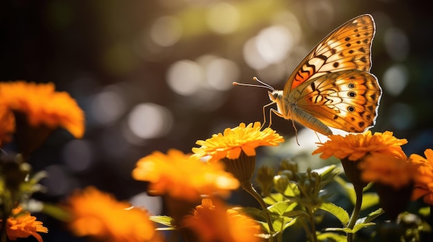 Een foto van een vlinder op een blurige tuin achtergrond
