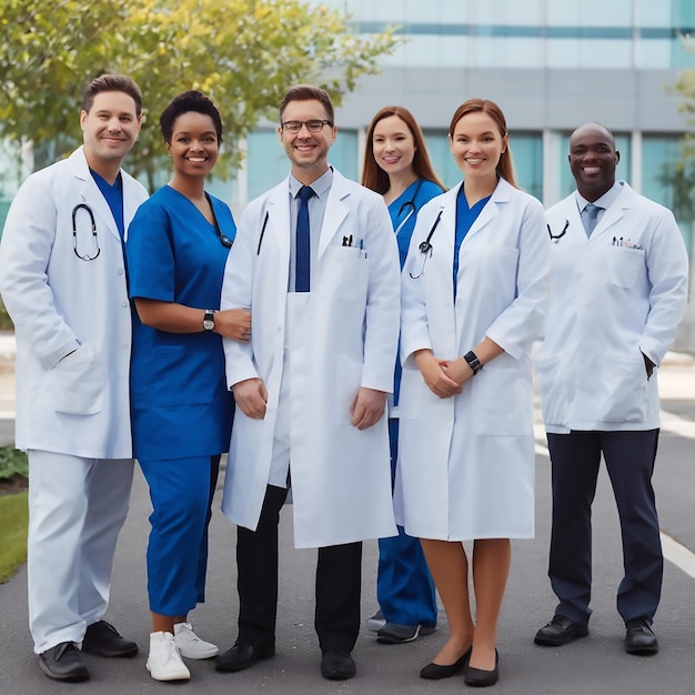 Een foto van een vrolijke groep artsen.