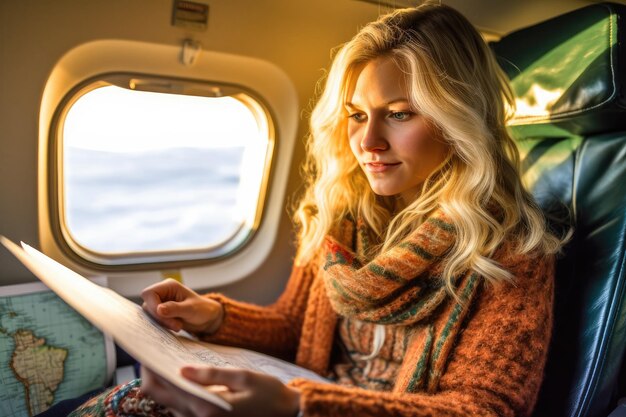 Een foto van een vrouw in een vliegtuig die een kaart vasthoudt en haar reisroute voor de vakantie plant. Generatieve AI