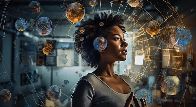 een foto van een vrouw omringd door technologie en futuristische informatie in de stijl van afro