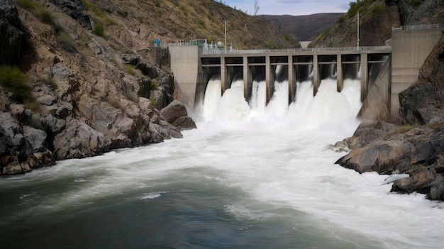 Een foto van een waterkrachtcentrale die elektriciteit opwint uit een rivier