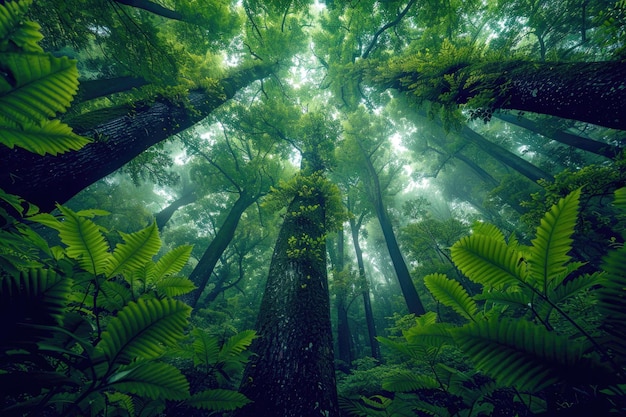 Een foto van een weelderig groen bos met bomen die tot aan de hemel reiken