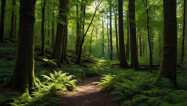 Een foto van een weelderig groen bos met een pad dat er doorheen leidt