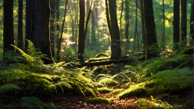 Een foto van een weelderig groen bos met hoge bomen en helder zonlicht dat door het bladerdak schijnt