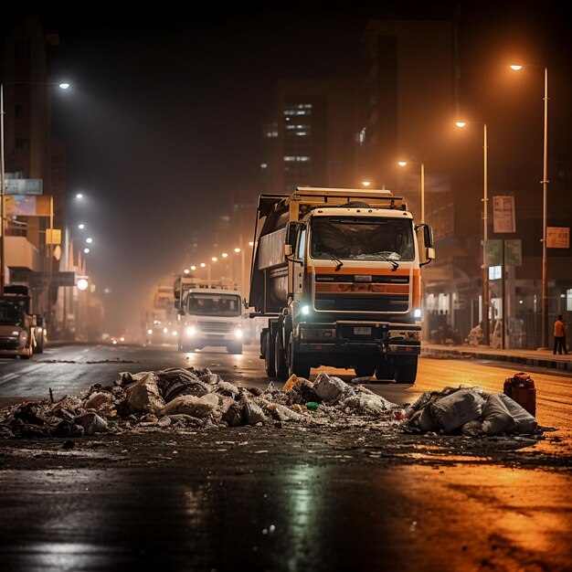 een foto van een weg in de stad Riyad, Saoedi-Arabië, midden in de nacht, terwijl een vuilniswagen aanrijdt p