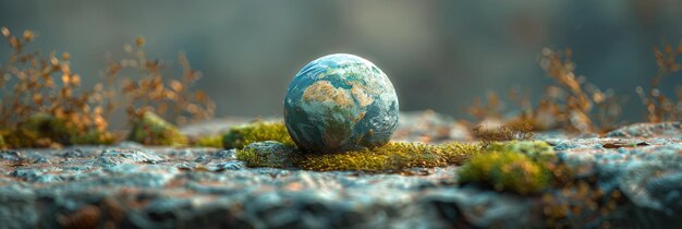 Foto een foto van een wereld op een rots met een kleine bol erop