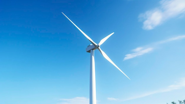 Een foto van een windturbine tegen een heldere blauwe lucht