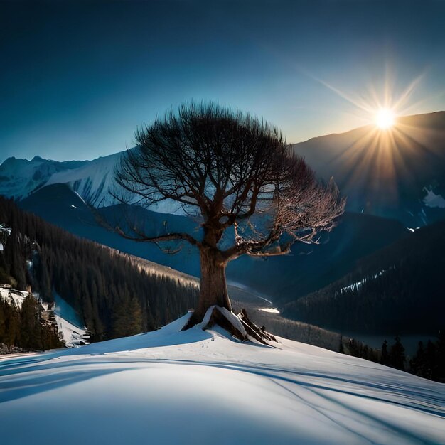 Een foto van een winterberg met een boom en de zon