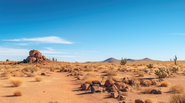 Een foto van een woestijn met cactussen heldere blauwe hemel