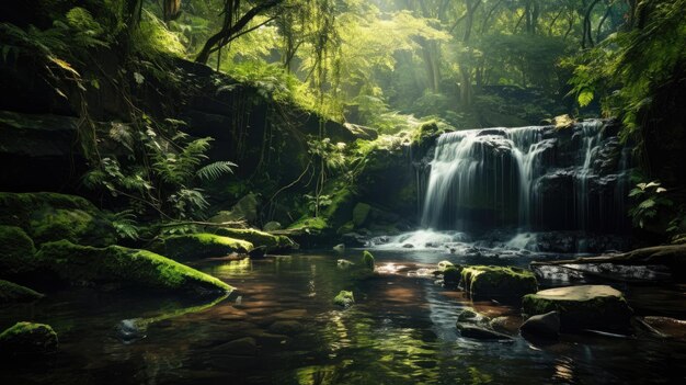 Een foto van een zachte waterval in een weelderig groen bos met zonlicht