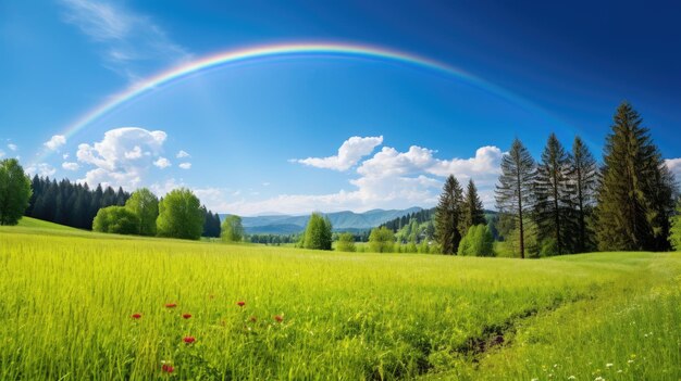 Een foto van een zonnebloede weide met een regenboog heldere blauwe hemel