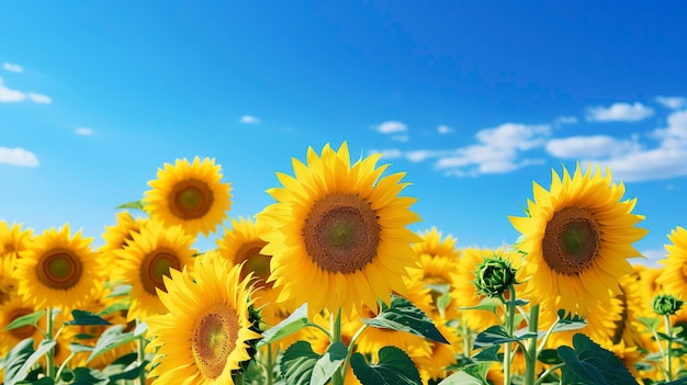 Een foto van een zonnebloemveld met een heldere blauwe lucht