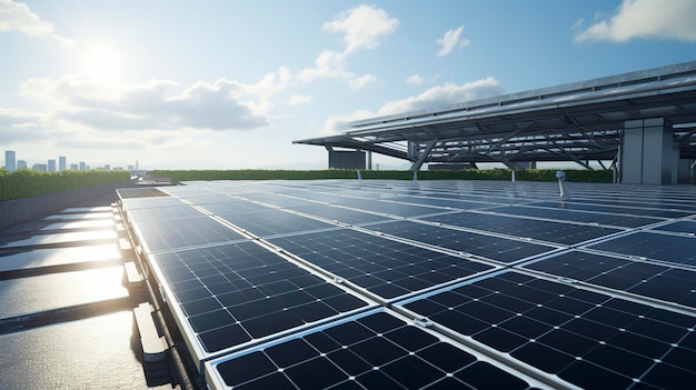 Een foto van een zonnepaneelopstelling op het dak van een groen gebouw