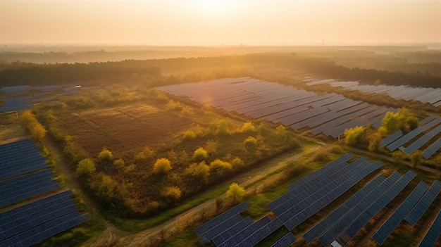 Een foto van een zonnepark met op de voorgrond een veld met zonnepanelen.