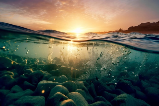 Een foto van een zonsondergang en de oceaan